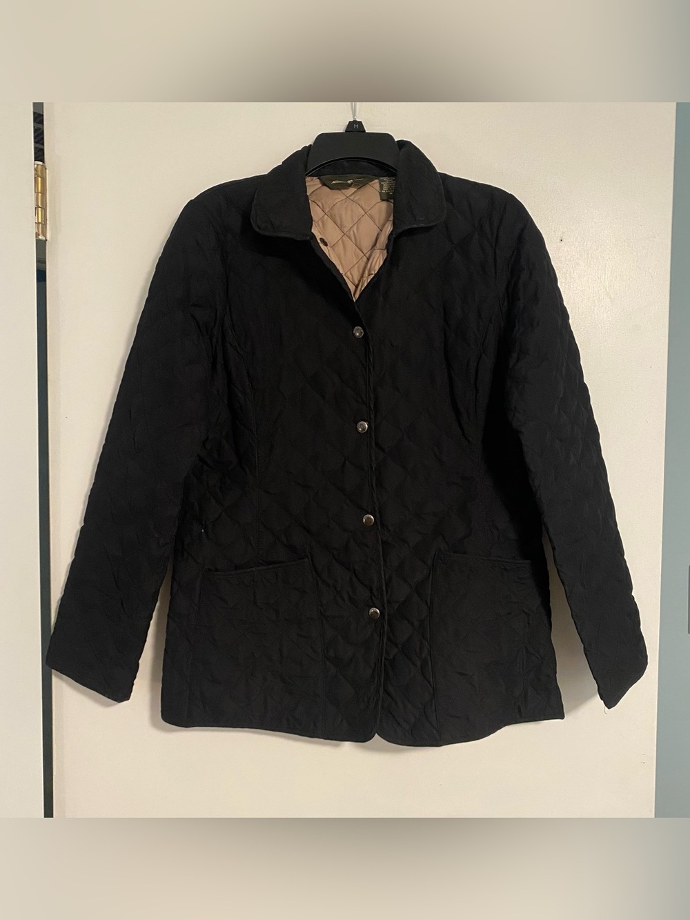 Eddie Bauer Lightweight Quilted Riding Jacket Goose Down Black/Tan Women’s M